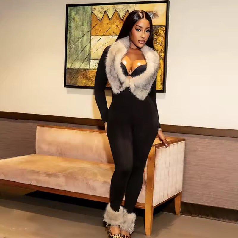 Cuff Me Up Plush Fur Jumpsuit Set
