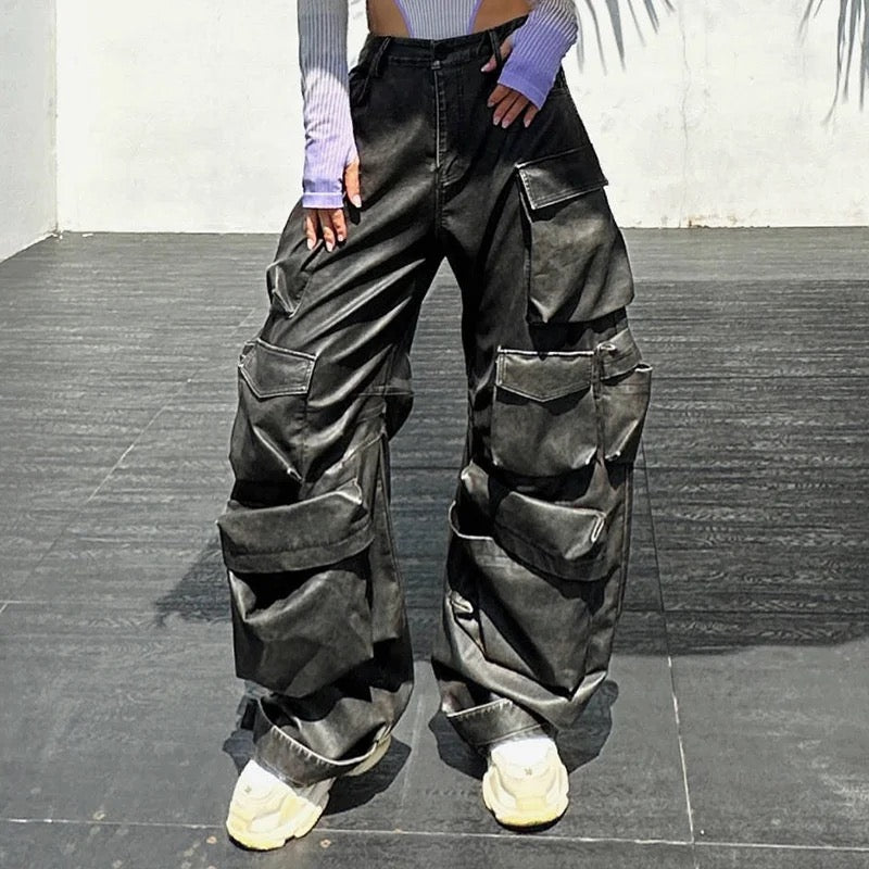 Women's Real Leather High Waisted Trousers Pants