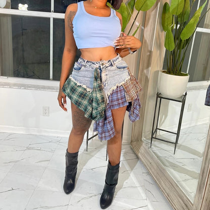 Demi Plaid Irregular Denim Skirt