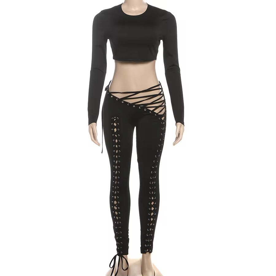 Caught Up In You Two Piece Tie Up Pants Set - Long Sleeve (BLACK)