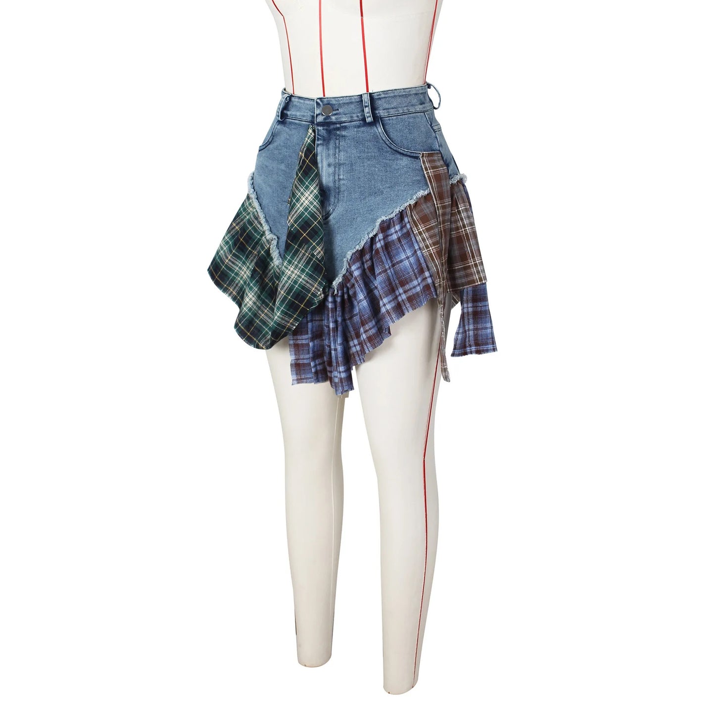 Demi Plaid Irregular Denim Skirt