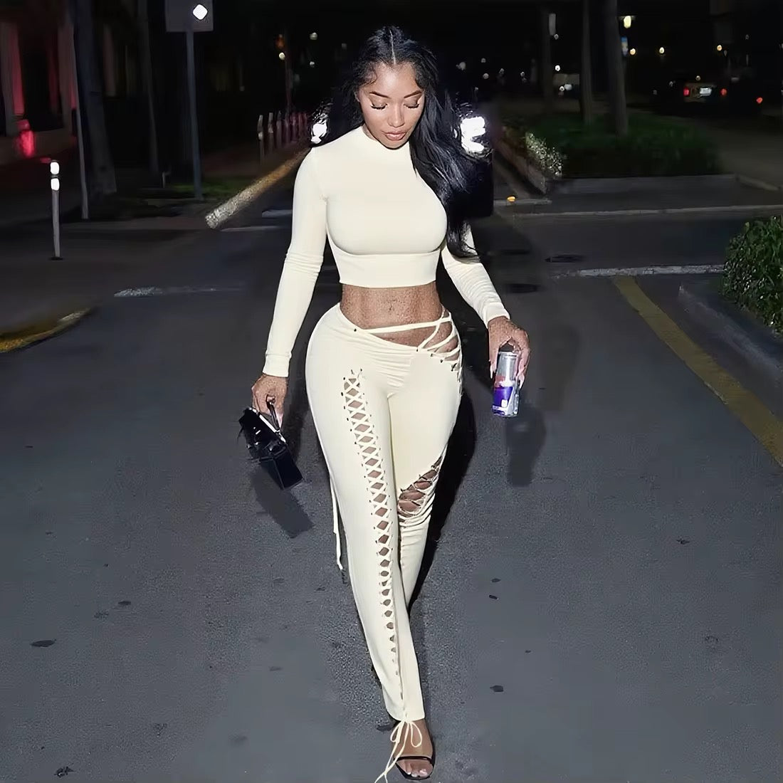 Caught Up In You Two Piece Tie Up Pants Set - Long Sleeve (BLACK)