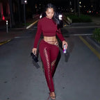 Caught Up In You Two Piece Tie Up Pants Set - Long Sleeve (BURGUNDY)