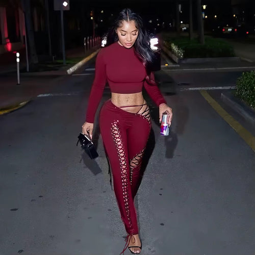 Caught Up In You Two Piece Tie Up Pants Set - Long Sleeve (BURGUNDY)