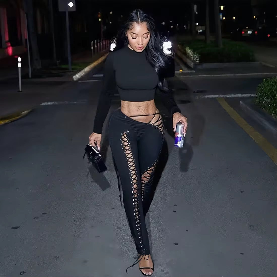 Caught Up In You Two Piece Tie Up Pants Set - Long Sleeve (BLACK)