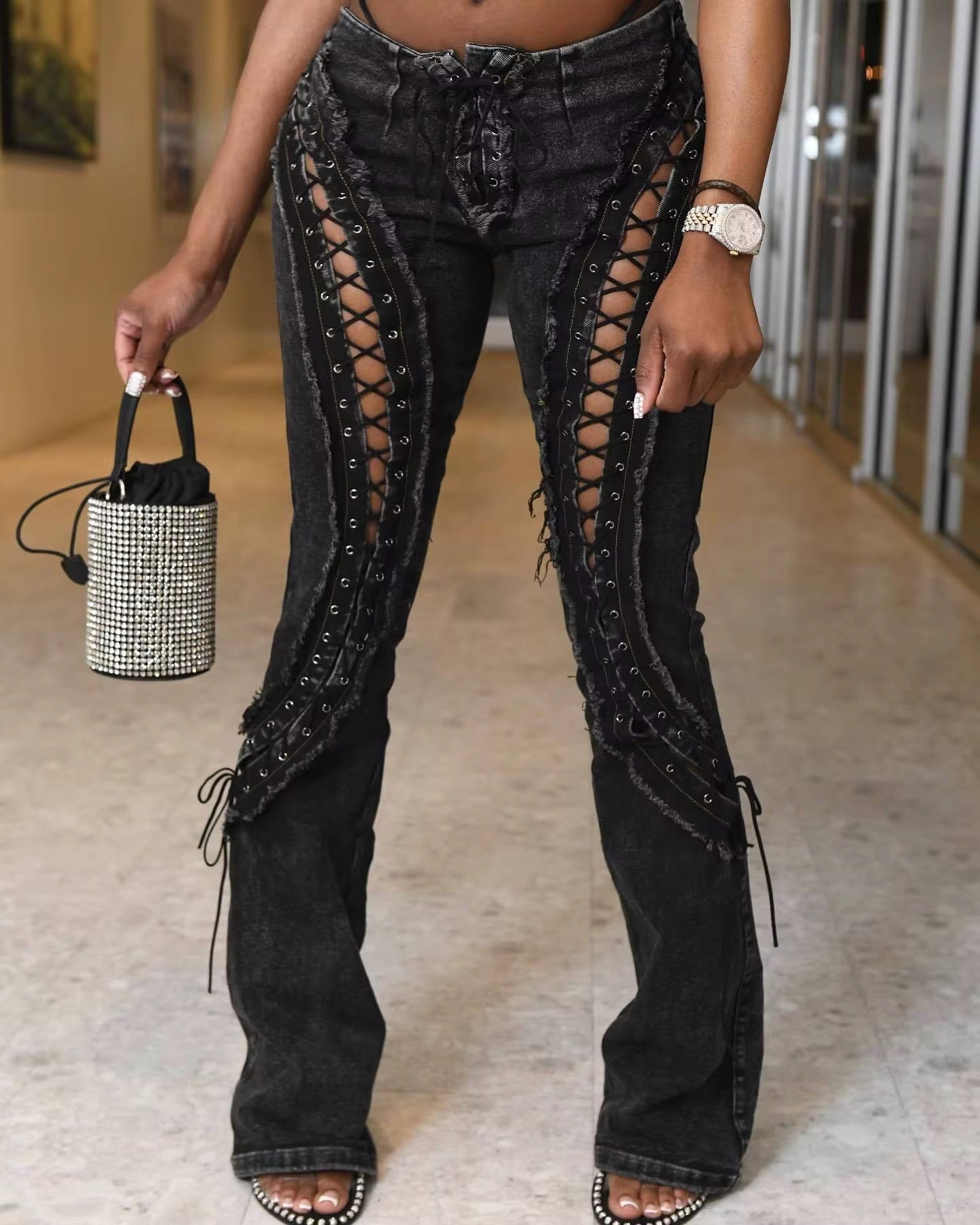 Underrated Lace Up Charcoal Denim Jeans - EXTRA STRETCH