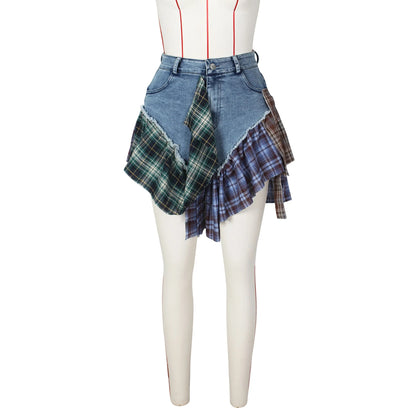 Demi Plaid Irregular Denim Skirt