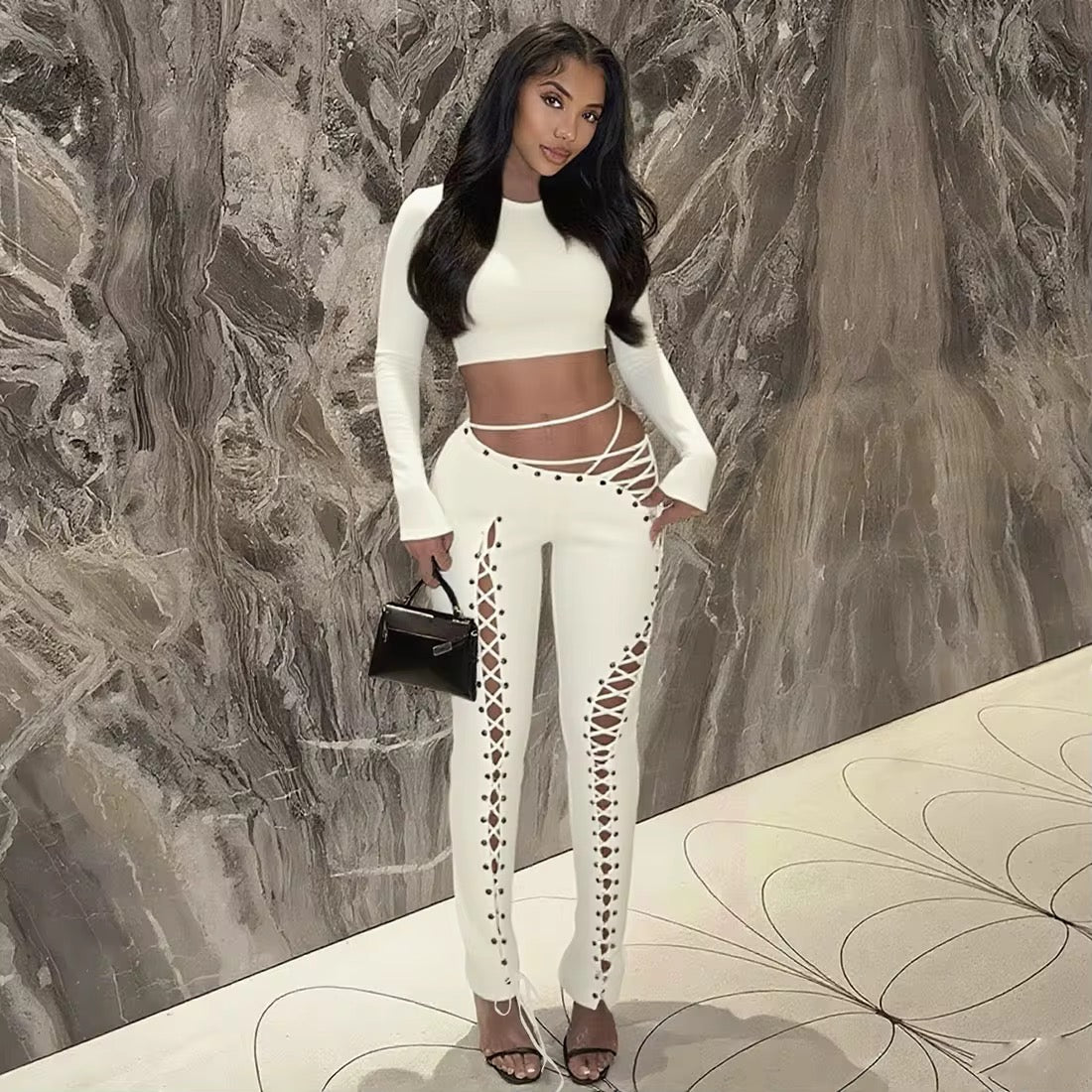 Caught Up In You Two Piece Tie Up Pants Set - Long Sleeve (BLACK)