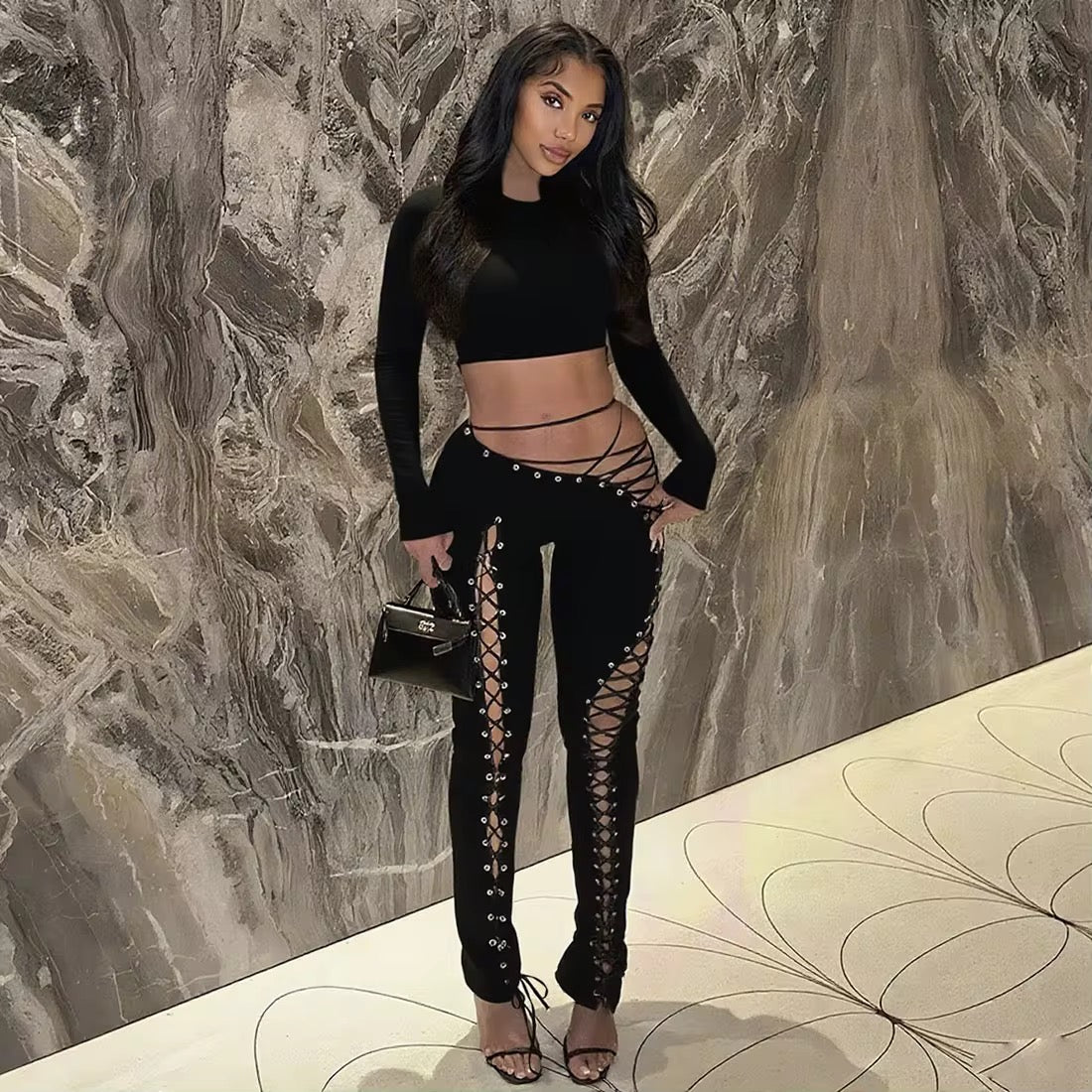 Caught Up In You Two Piece Tie Up Pants Set - Long Sleeve (BLACK)