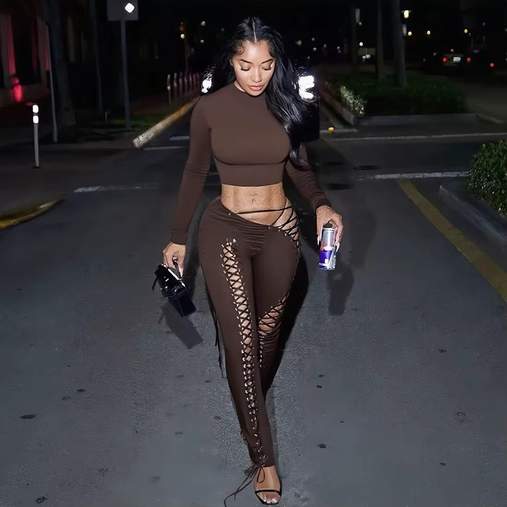 Caught Up In You Two Piece Tie Up Pants Set - Long Sleeve (BURGUNDY)