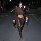 Caught Up In You Two Piece Tie Up Pants Set - Long Sleeve (BURGUNDY)