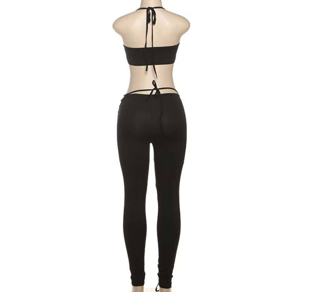 Caught Up In You Two Piece Tie Up Pants Set - (BLACK)