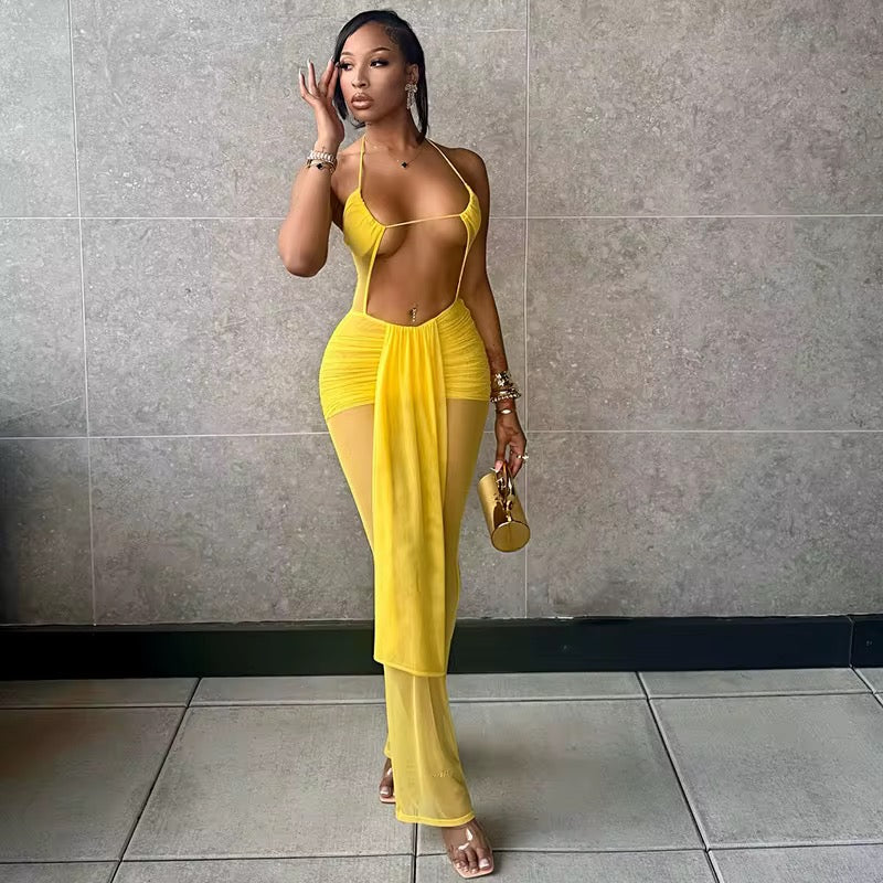 Island Time Halter Jumpsuit – Flowy Resort Vacation Yellow Jumpsuit