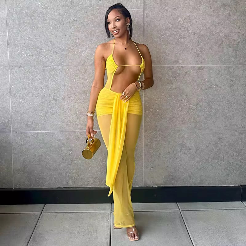 Island Time Halter Jumpsuit – Flowy Resort Vacation Yellow Jumpsuit