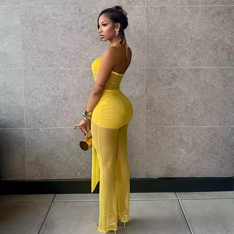 Island Time Halter Jumpsuit – Flowy Resort Vacation Yellow Jumpsuit