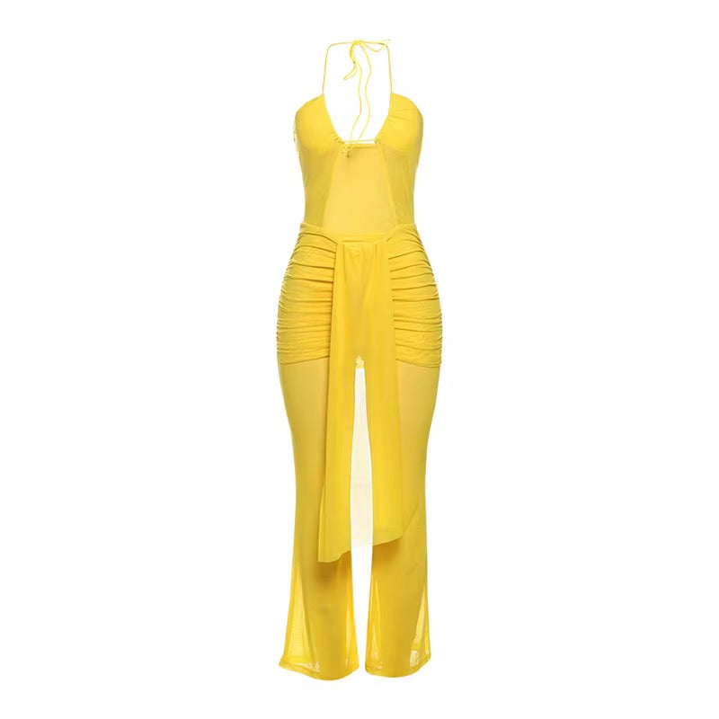 Island Time Halter Jumpsuit – Flowy Resort Vacation Yellow Jumpsuit