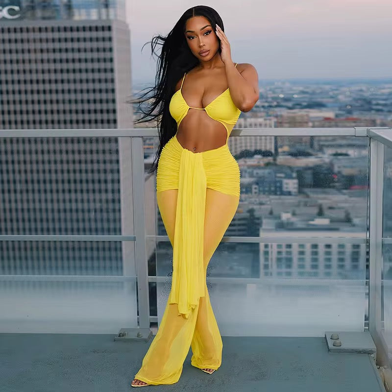 Island Time Halter Jumpsuit – Flowy Resort Vacation Yellow Jumpsuit