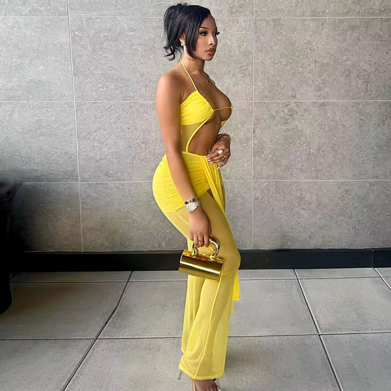 Island Time Halter Jumpsuit – Flowy Resort Vacation Yellow Jumpsuit