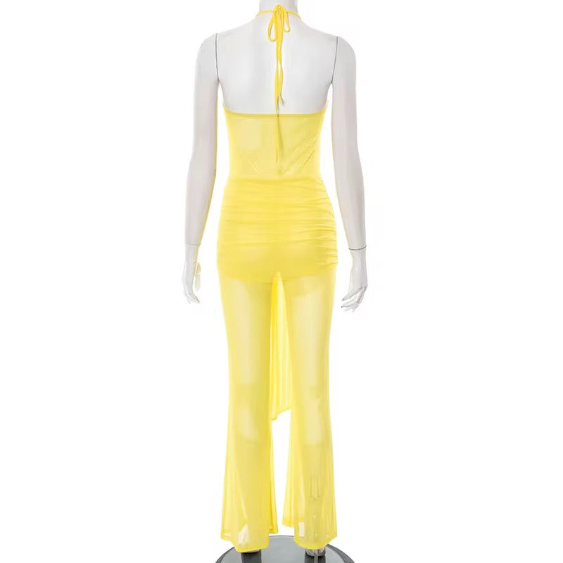 Island Time Halter Jumpsuit – Flowy Resort Vacation Yellow Jumpsuit