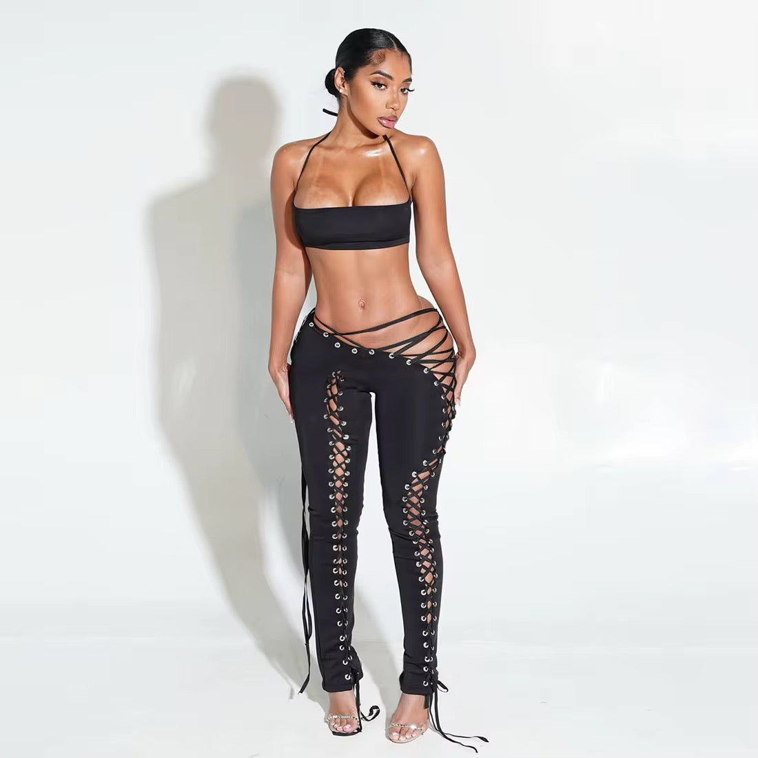 Caught Up In You Two Piece Tie Up Pants Set - (BLACK)