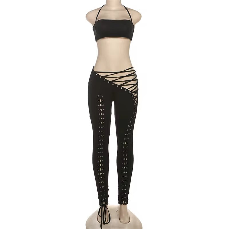 Caught Up In You Two Piece Tie Up Pants Set - Black