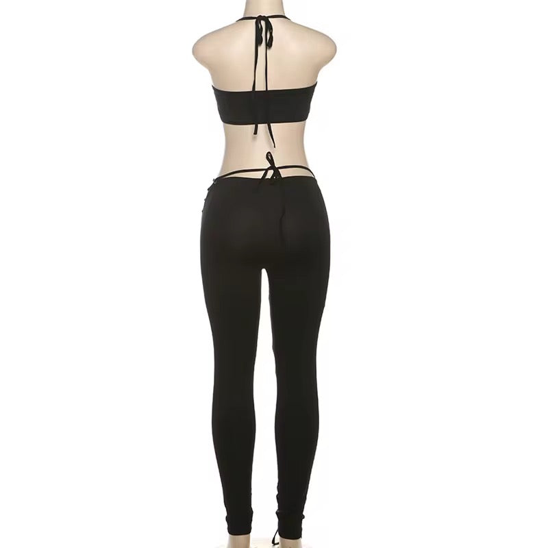 Caught Up In You Two Piece Tie Up Pants Set - Black