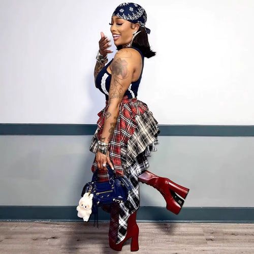 Pay Attention Plaid Patchwork Skirt