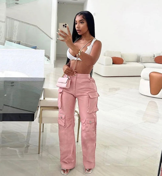 Keep It A Stack Pink Vegan Leather Cargo Pants